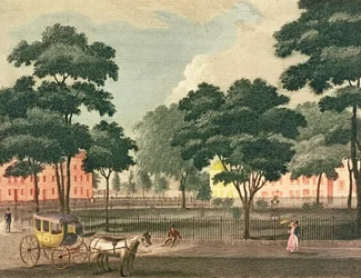 Vista del Bowling-Green, Broadway, dibujado y grabado para el New York Mirror, 1830